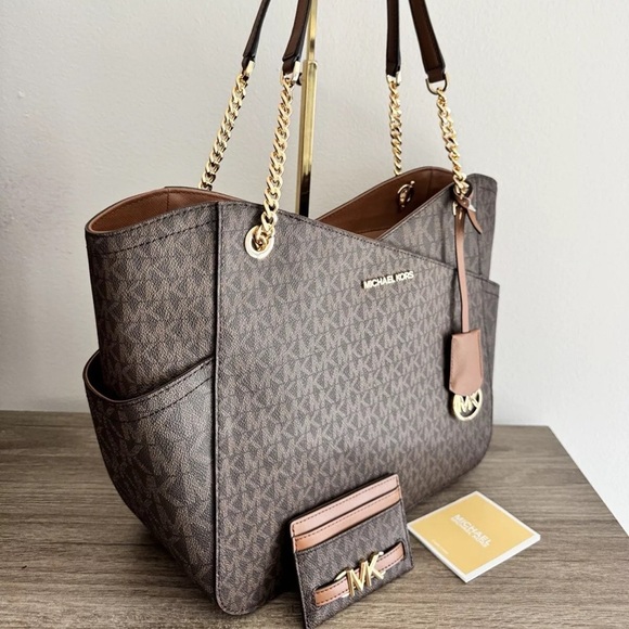 New MICHAEL KORS 2pc Jet Set Large Tote Bag With Card Holder Brown MK - Picture 3 of 5